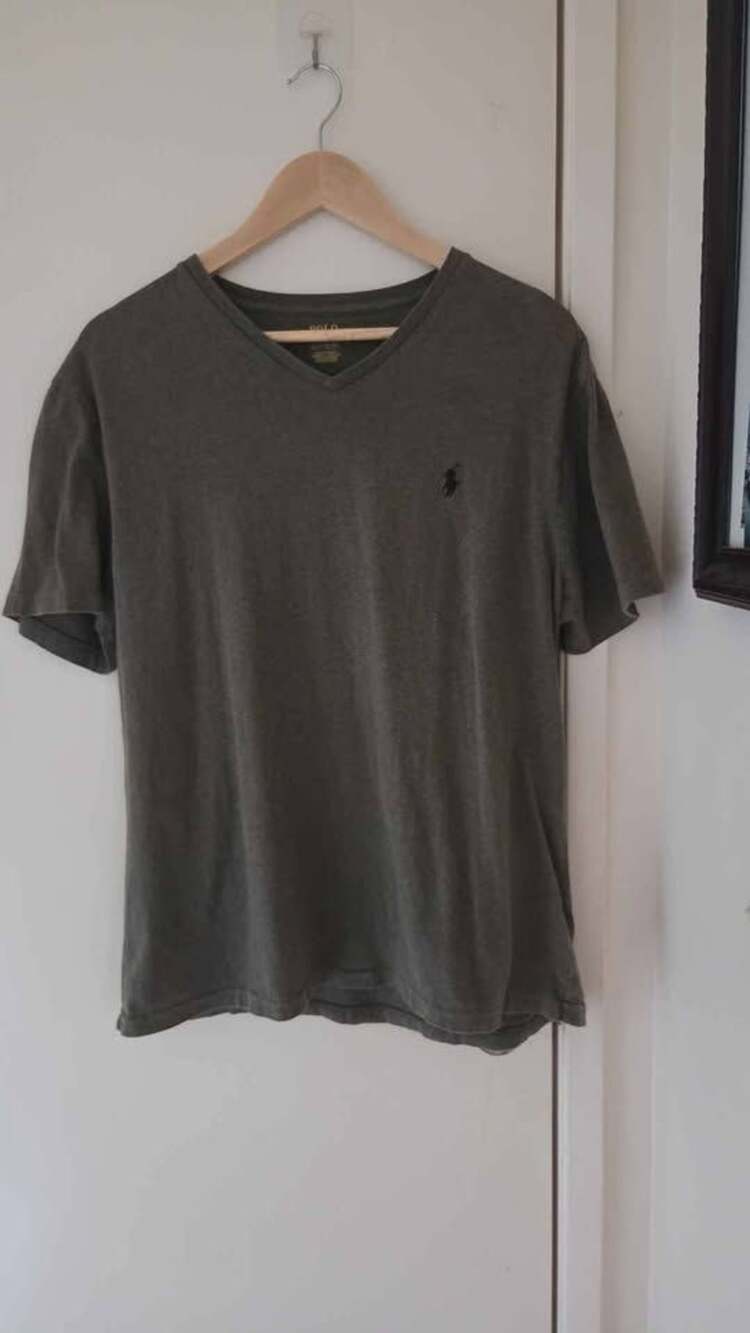 Polo Ralph Lauren V-Neck T-Shirt Size Large, Olive Green, no stains or holes.